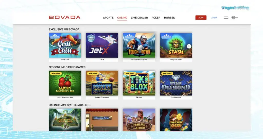 Screenshot Of Bovadas Casino Interface Featuring Slot Games Casino And Jackpots 1024x542