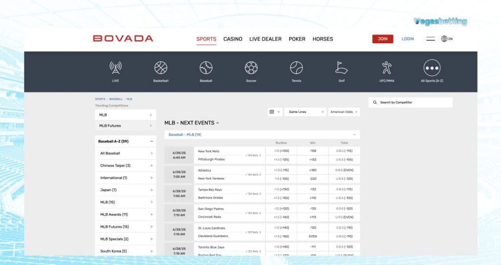 Screenshot Of Bovada Next Events Betting In Mlb Market