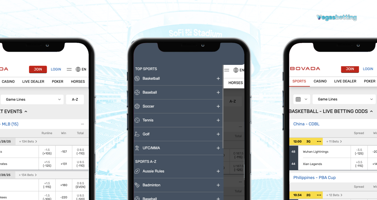 Screenshot of Bovada live betting interface on mobile showing menu and live betting options