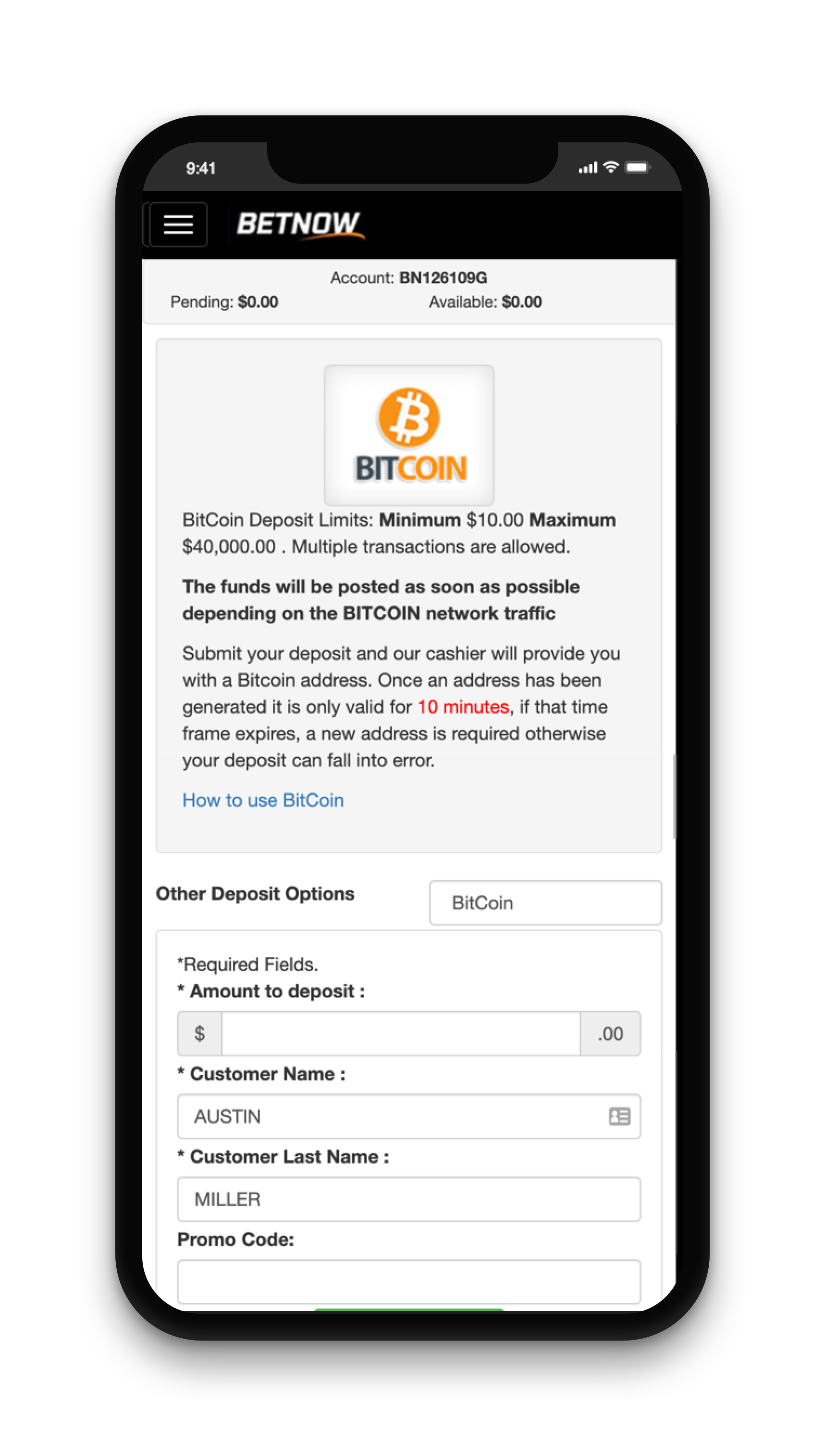 BetNow Deposit Screen